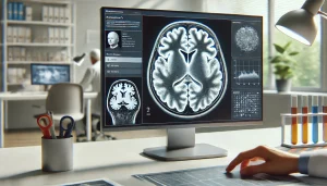 Brain scan highlighting Alzheimer's regions in a lab setting.
