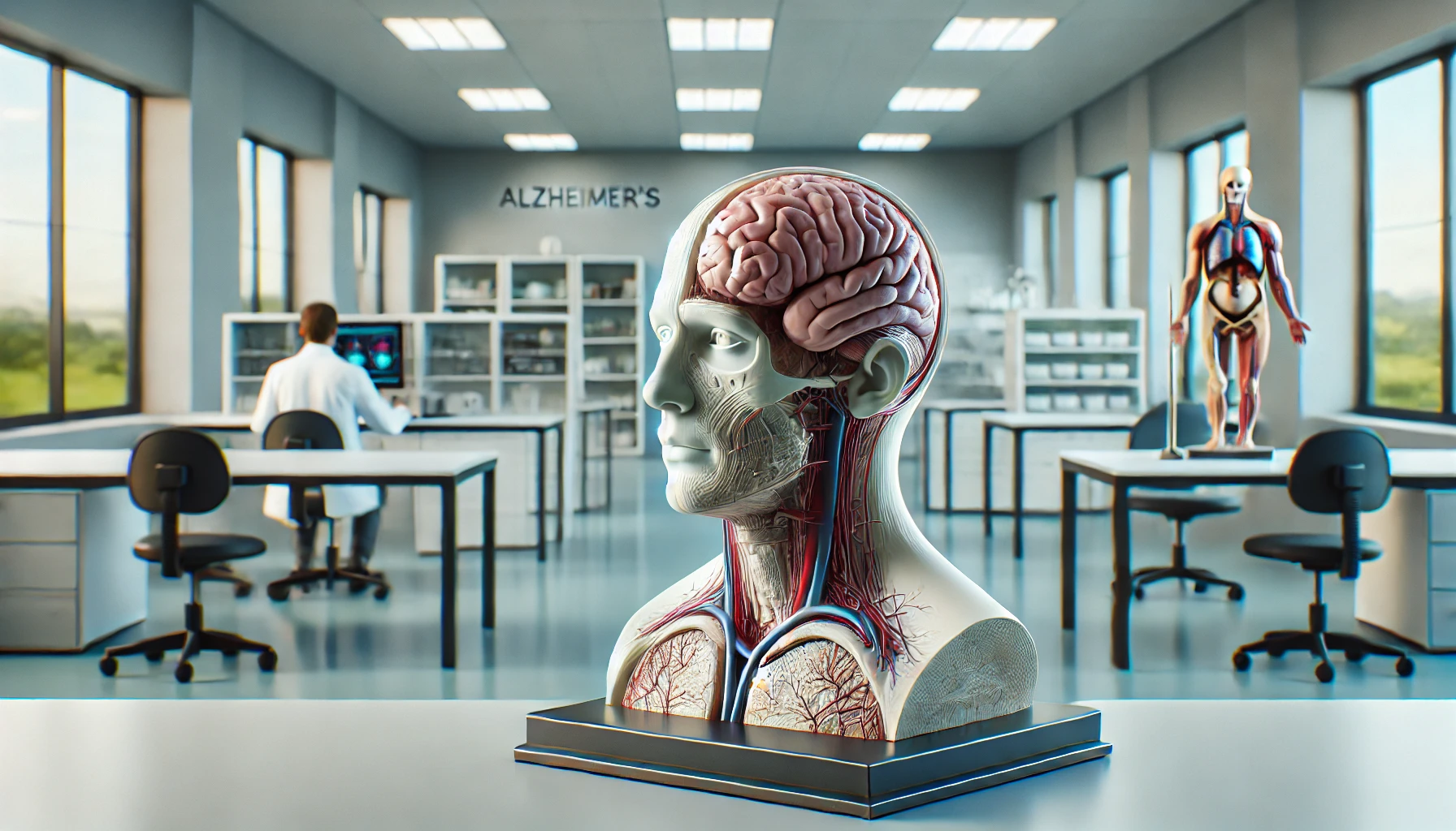 Human head anatomical model showing brain structures in a modern lab setting