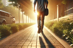 Person walking down a sunlit pathway with greenery on both sides